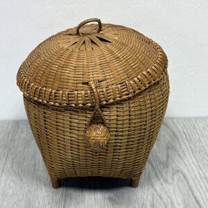 Vintage Wicker Basket about 6" tall x 5.5" wide w/ Lid Bucket Storage Decor